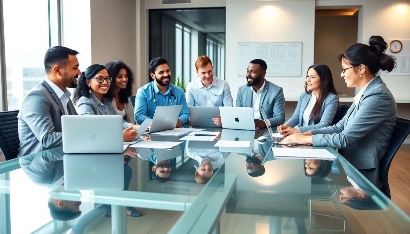 diverse team discussing medical coding in a modern office.