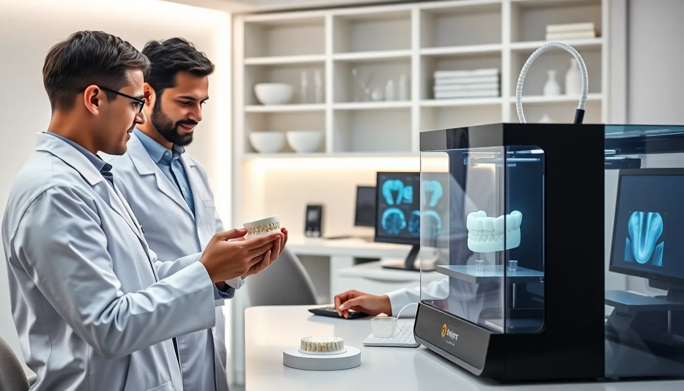 dental professionals using 3D printing technology in an office.