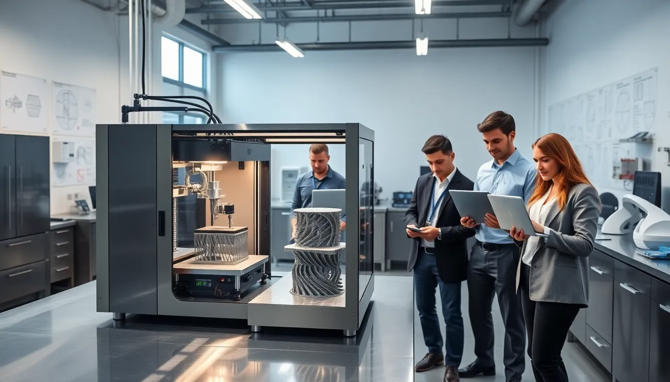 modern 3D printing lab with stainless steel printer and engineers.