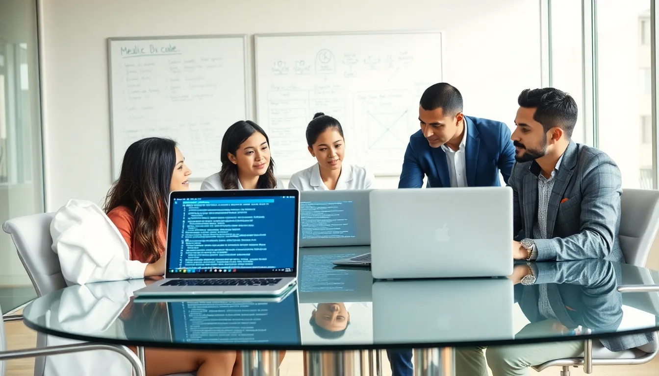 Diverse medical coders collaborating at a modern office table.