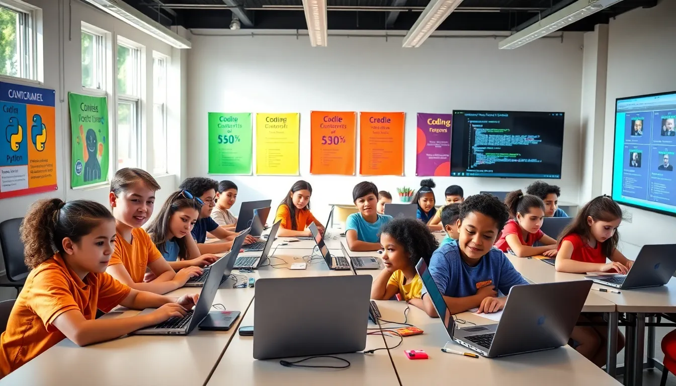 diverse students engaged in programming at a summer coding camp.