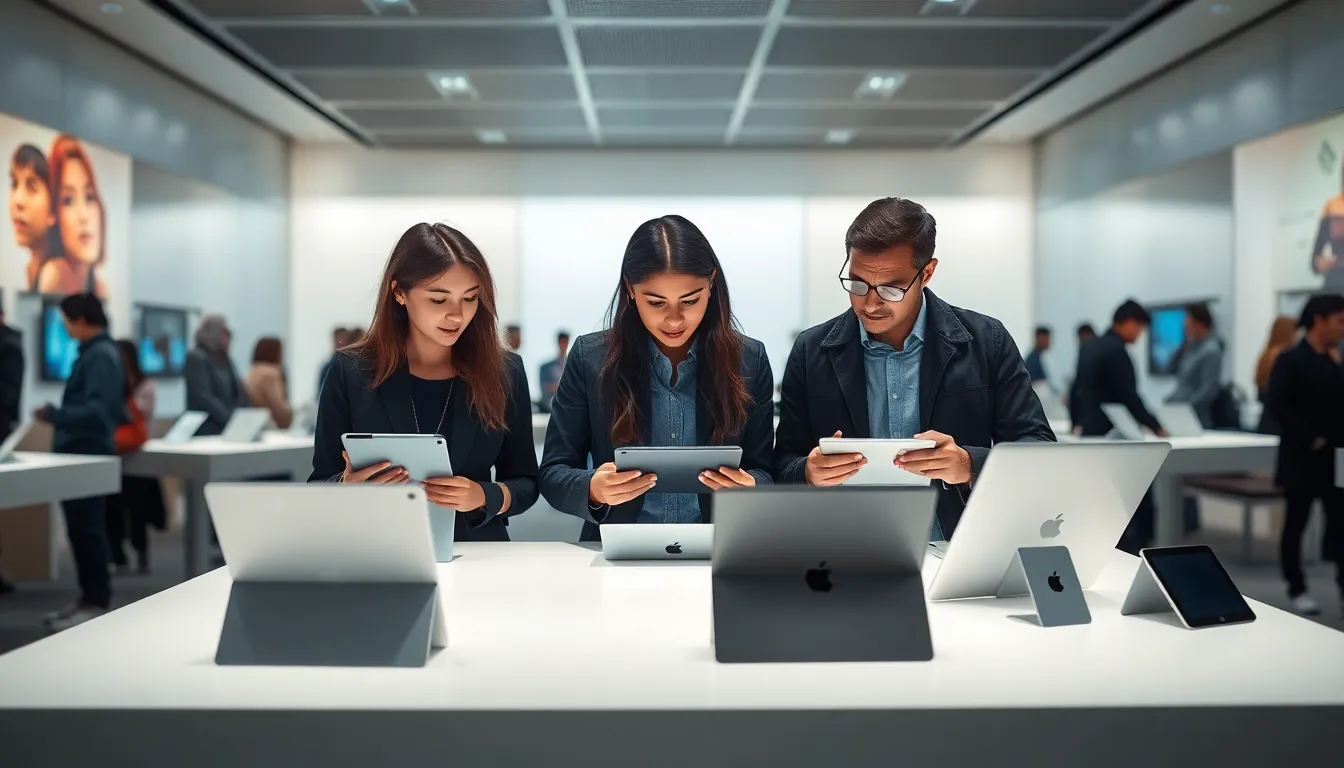 customers examining various supported iPad models in a modern Apple store.