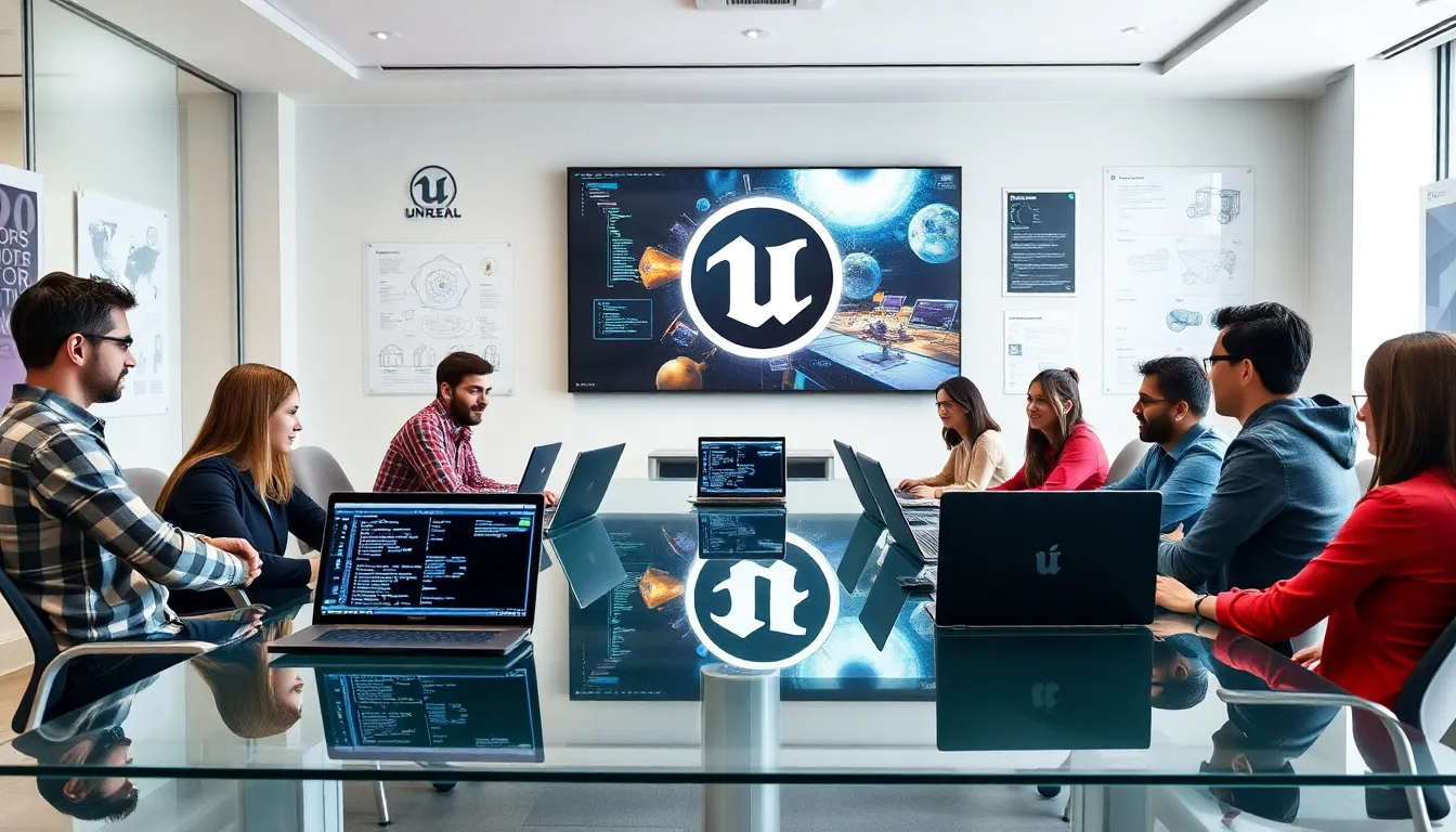 diverse team discussing game development in a modern office.