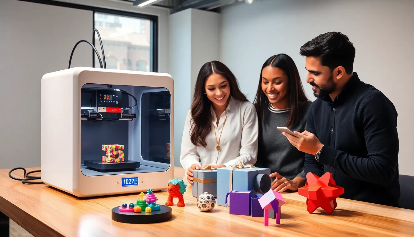 diverse team examining colorful 3D printed gifts in a modern workspace.