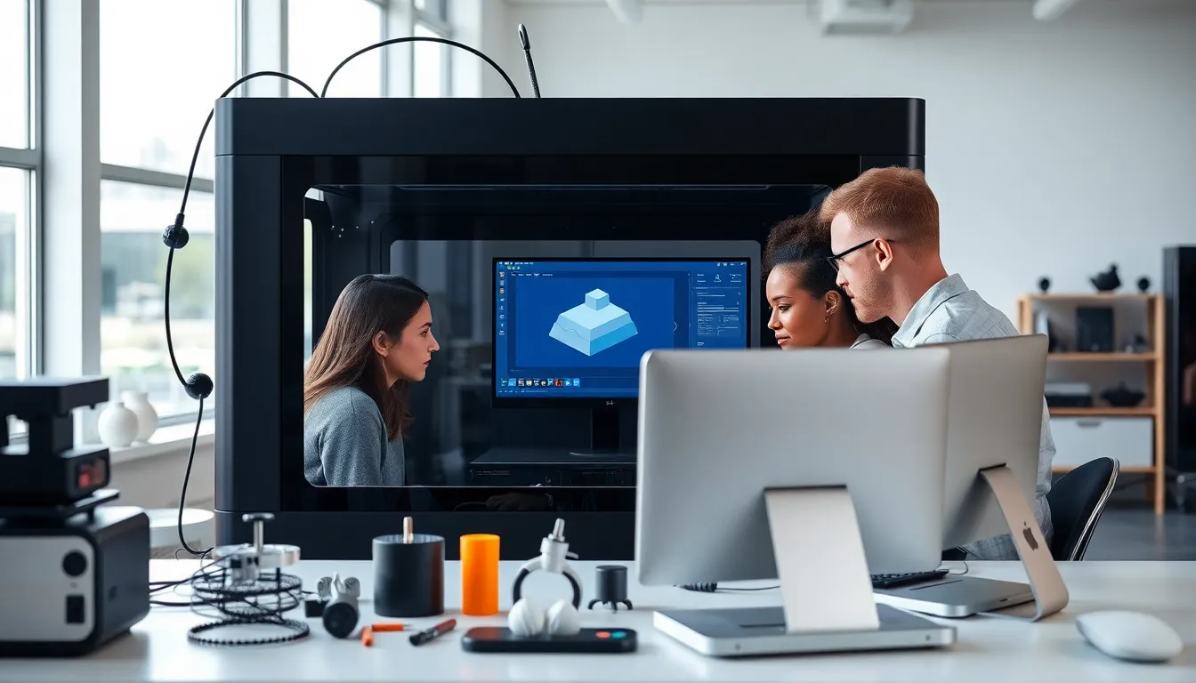 diverse team using slicing software in a modern 3D printing workspace.