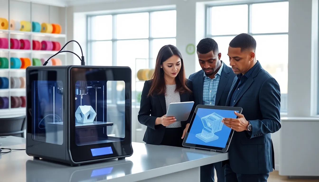 diverse team observing a 3D printer producing nylon parts in a modern workspace.