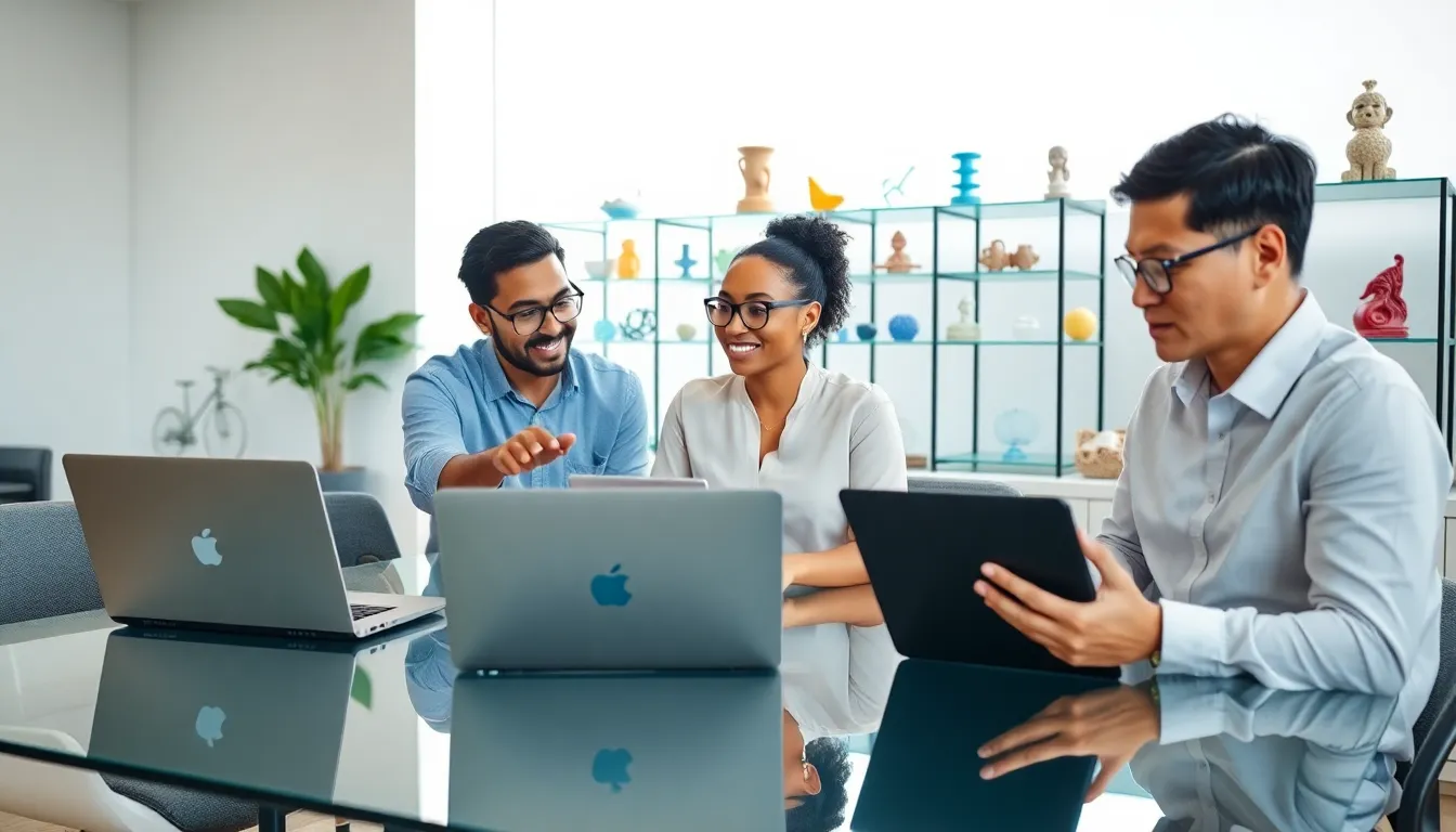 professionals collaborating on Blender for 3D printing in a modern office.