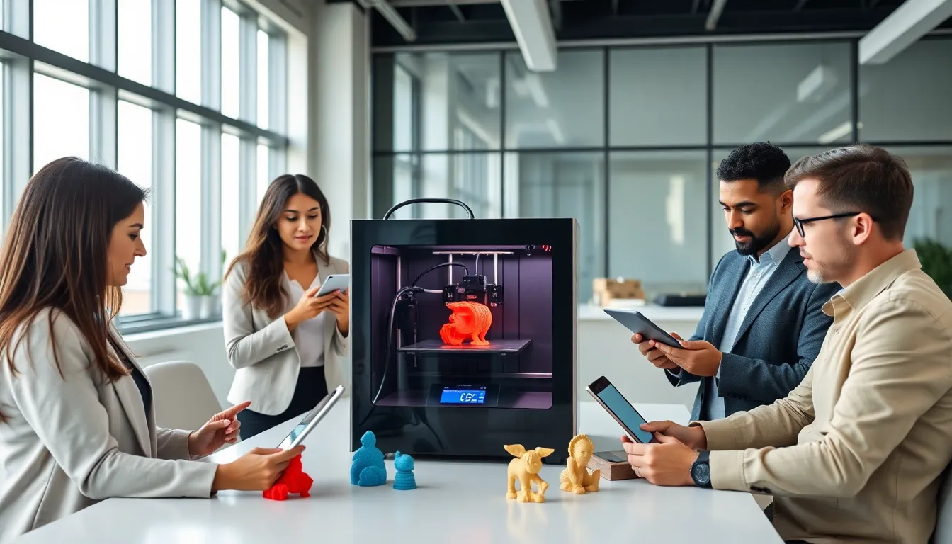 team collaborating on 3D printing technology in a modern office.