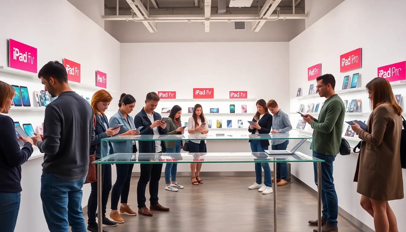 customers exploring various iPads in a modern retail store.