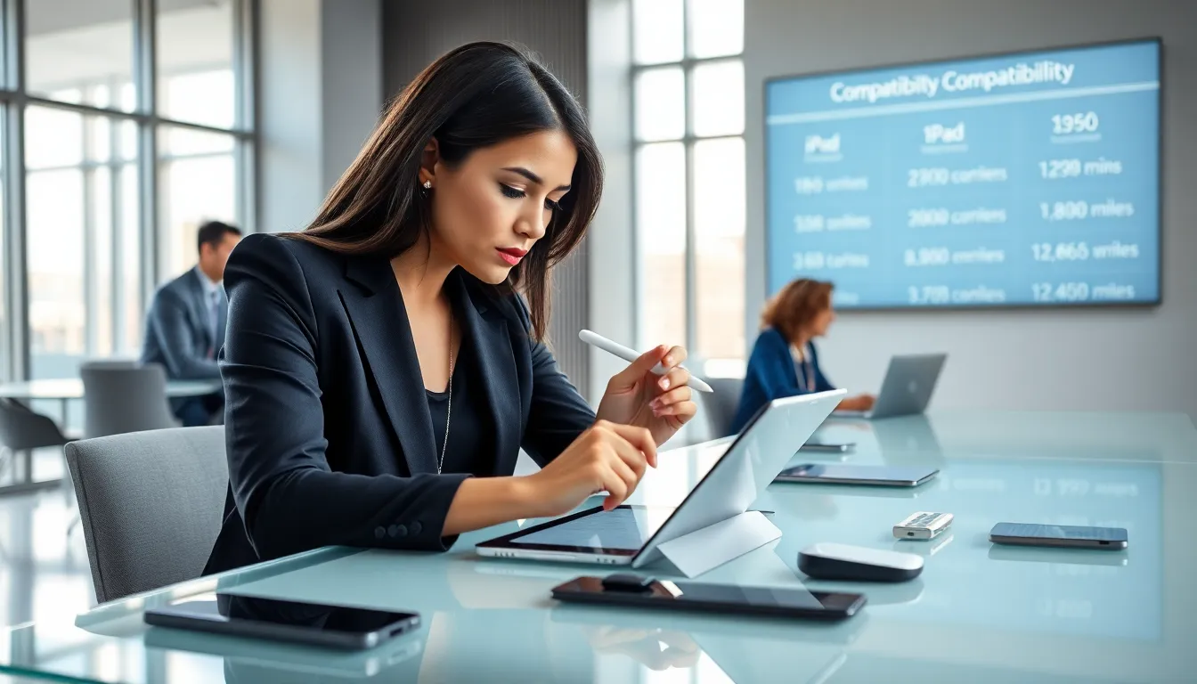 professional examining iPad with Apple Pencil in modern office setting.