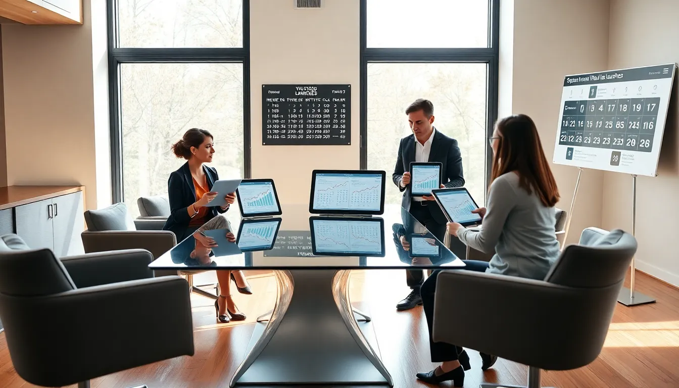 professionals discussing iPad sales cycles in a modern office.